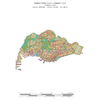 Singapur Boğazı 'ndaki Singapur Adası, uzaklık ölçeğinde, OSM İnsani Yardım Stili haritasında izole edilmiştir.