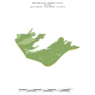 Avustralya 'ya ait Bass Boğazı' ndaki Yılan Adası, bir topoğrafik, OSM İnsani Yardım Stili haritasında izole edilmiş, uzaklık ölçeğinde