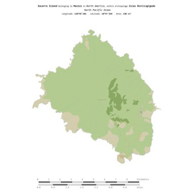 Kuzey Pasifik Okyanusu 'ndaki Socorro Adası, Meksika' ya ait, bir topoğrafik, OSM İnsani-stil haritasında izole edilmiş, uzaklık ölçeğinde