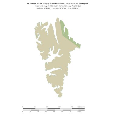 Norveç 'e ait Barents Denizi' ndeki Spitsbergen Adası, uzaklık ölçeğinde, OSM İnsani Yardım Stili haritası üzerinde izole edilmiştir.