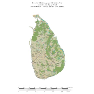 Sri Lanka 'ya ait Lackadiv Denizi' ndeki Sri Lanka Adası, uzaklık ölçeğinde OSM İnsani Yardım Stili haritasında izole edilmiştir.