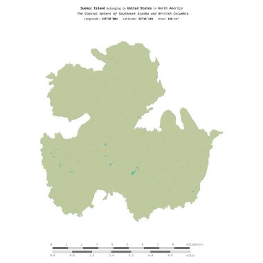 Güneydoğu Alaska ve Britanya Kolumbiyası 'nın Sahil Suları' nda bulunan ve Amerika Birleşik Devletleri 'ne ait olan Suemez Adası, bir topoğrafi haritada izole edilmiş, OSM İnsani yardım tarzı haritası, mesafe ölçeğinde