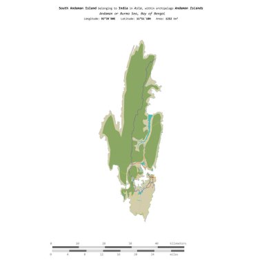 South Andaman Island in the Bay of Bengal, belonging to India, isolated on a topographic, OSM Humanitarian style map, with distance scale clipart