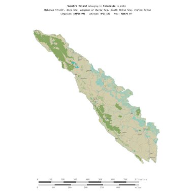 Endonezya 'ya ait Java Denizi' ndeki Sumatra Adası, bir topoğrafi, OSM İnsani-stil haritasında, uzaklık ölçeğinde izole edilmiştir.