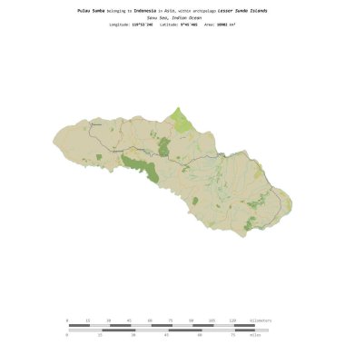 Pulau Sumba in the Savu Sea, belonging to Indonesia, isolated on a topographic, OSM Humanitarian style map, with distance scale clipart