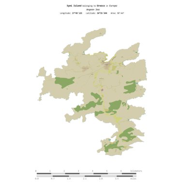 Yunanistan 'a ait Ege Denizi' ndeki Symi Adası, uzaklık ölçeğine sahip bir topoğrafik OSM İnsani Yardım Stili haritasında izole edilmiştir.