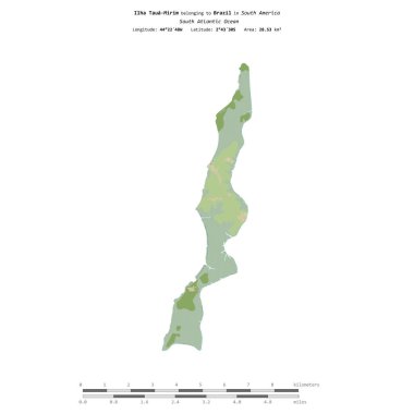 Brezilya 'ya ait Güney Atlantik Okyanusu' ndaki Ilha Taua-Mrim, bir topoğrafya üzerinde izole edilmiş, OSM İnsani yardım tarzı haritası, mesafe ölçeğinde.