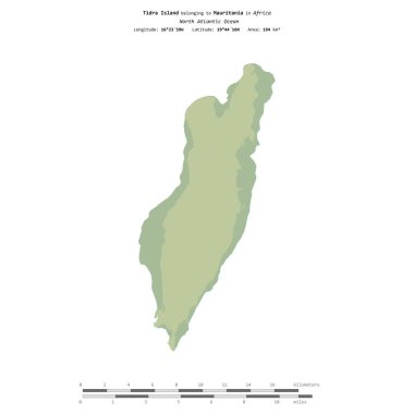 Moritanya 'ya ait Kuzey Atlantik Okyanusu' ndaki Tidra Adası, bir topoğrafya üzerinde izole edilmiş, OSM İnsani Yardım Stili haritası, mesafe ölçeğinde