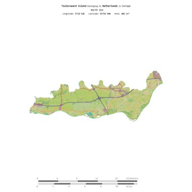 Hollanda 'ya ait Kuzey Denizi' ndeki Tielerwaard Adası, uzaklık ölçeğine sahip bir topoğrafik OSM İnsani Yardım Stili haritasında izole edilmiştir.