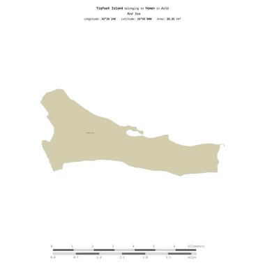 Kızıl Deniz 'deki Tiqfash Adası, Yemen' e ait, bir topoğrafik, OSM İnsani-stil haritasında izole edilmiş, uzaklık ölçeğinde