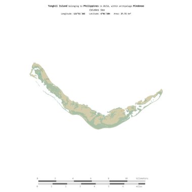 Filipinlere ait Celebes Denizi 'ndeki Tongkil Adası, uzaklık ölçeğinde, OSM İnsani Yardım Stili haritasında izole edilmiştir.