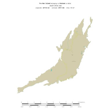 Güney Çin Denizi 'ndeki Tra Ban Adası, Vietnam' a ait, bir topoğrafik, OSM İnsani-stil haritasında izole edilmiş, uzaklık ölçeğinde