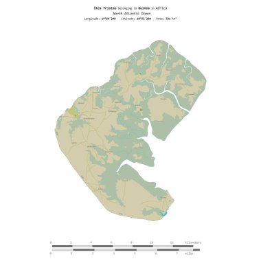 Kuzey Atlantik Okyanusu 'ndaki Iles Tristao, Gine' ye ait, bir topoğrafya üzerinde izole edilmiş, OSM İnsani Yardım tarzı haritası, mesafe ölçeğinde.