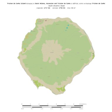 Güney Atlantik Okyanusu 'ndaki Tristan da Cunha Adası, Saint Helena, Ascension ve Tristan da Cunha' ya ait, uzaklık ölçeğinde, bir topografik, OSM İnsani yardım tarzı haritada izole edilmiş.