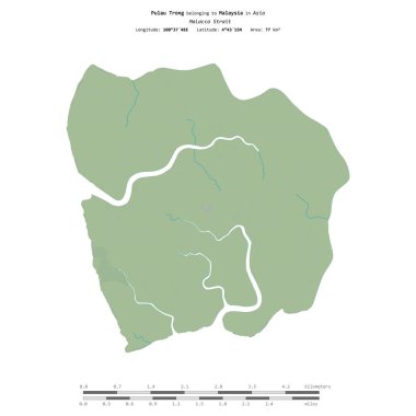Malezya 'ya ait Malacca Boğazı' ndaki Pulau Trong, uzaklık ölçeğinde, OSM İnsani Yardım Stili haritası üzerinde izole edilmiştir.