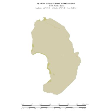 Solomon Adaları 'na ait Güney Pasifik Okyanusu' ndaki Ugi Adası, uzaklık ölçeğinde OSM İnsani Yardım Stili haritasında izole edilmiştir.