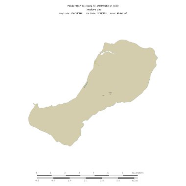 Endonezya 'ya ait Arafura Denizi' ndeki Pulau Ujir, bir topoğrafya üzerinde izole edilmiş, OSM İnsani yardım tarzı haritası, uzaklık ölçeğinde