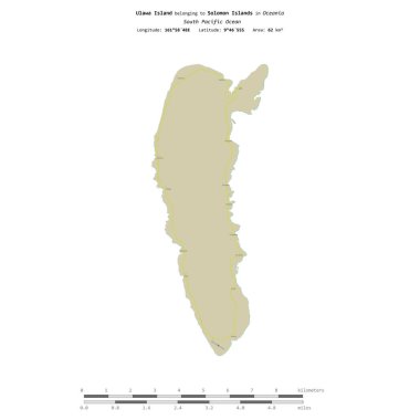 Solomon Adaları 'na ait Güney Pasifik Okyanusu' ndaki Ulawa Adası, uzaklık ölçeğinde OSM İnsani Yardım Stili haritasında izole edilmiştir.