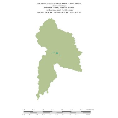 Bering Denizi 'nde bulunan ve Amerika Birleşik Devletleri' ne ait olan Ulak Adası, uzaklık ölçeğine sahip bir topoğrafik OSM İnsani Stil Haritası üzerinde izole edilmiştir.