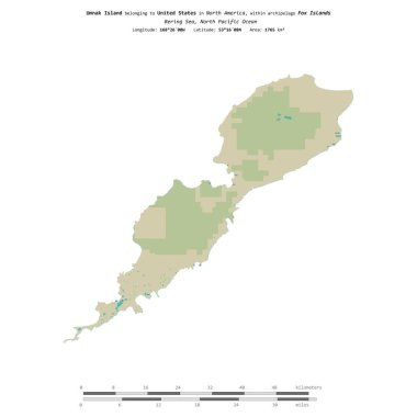 Bering Denizi 'ndeki Umnak Adası, uzaklık ölçeğinde bir topoğrafik, OSM İnsani Stil haritası üzerinde izole edilmiştir.
