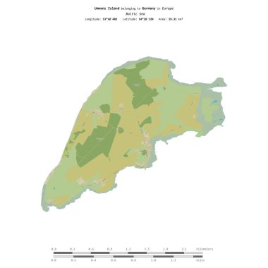Almanya 'ya ait Baltık Denizi' ndeki Ummanz Adası, uzaklık ölçeğine sahip bir topoğrafik OSM İnsani Yardım Stili haritasında izole edilmiştir.