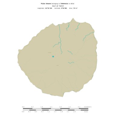 Tomini Körfezi 'ndeki Pulau Unauna, Endonezya' ya ait, bir topoğrafik üzerinde izole edilmiş, OSM İnsani-stil haritası, mesafe ölçeğinde