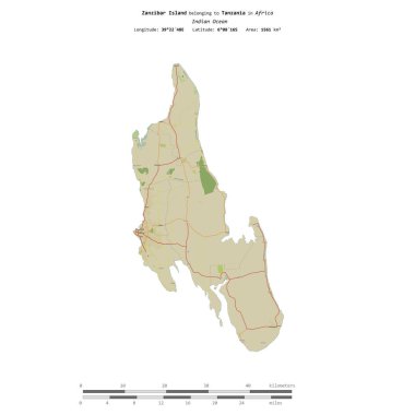 Hint Okyanusu 'ndaki Zanzibar Adası, Tanzanya' ya ait, bir topoğrafik üzerinde izole edilmiş, OSM İnsani-stil haritası, uzaklık ölçeğinde