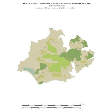 Kuzey Atlantik Okyanusu 'ndaki Ilha de Uno, Gine-Bissau' ya ait, bir topoğrafi haritada izole edilmiş, OSM İnsani stilde, uzaklık ölçeğinde