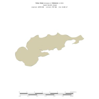 Endonezya 'ya ait Güney Pasifik Okyanusu' ndaki Pulau Utama, bir topoğrafik üzerinde izole edilmiş, OSM İnsani yardım tarzı haritası, uzaklık ölçeğinde