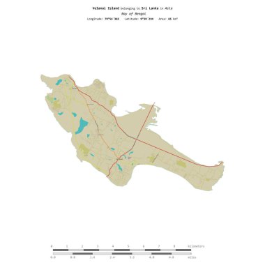Bengal Körfezi 'ndeki Velanai Adası, Sri Lanka' ya ait, bir topoğrafik, OSM İnsani-stil haritasında izole edilmiş, uzaklık ölçeğinde