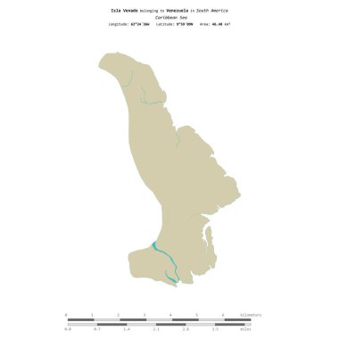 Venezuela 'ya ait Karayip Denizi' ndeki Venado Adası, bir topoğrafik üzerinde izole edilmiş, OSM İnsani Yardım Stili haritası, mesafe ölçeğinde