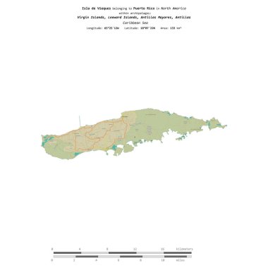 Karayip Denizi 'ndeki Vieques Adası, Porto Riko' ya ait, uzaklık ölçeğinde OSM İnsani Yardım Stili haritasında izole edilmiş.