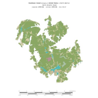 Amerika Birleşik Devletleri 'ne ait Kuzey Atlantik Okyanusu' ndaki Vinalhaven Adası, uzaklık ölçeğine sahip bir topoğrafik OSM İnsani Stil Haritası üzerinde izole edilmiştir.