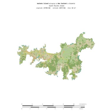 Güney Pasifik Okyanusu 'ndaki Waiheke Adası, Yeni Zelanda' ya ait, bir topoğrafya üzerinde izole edilmiş, OSM İnsani yardım tarzı haritası, uzaklık ölçeğinde
