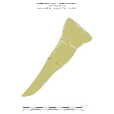 Kuzey Atlantik Okyanusu 'ndaki Wakenaam Adası, Guyana' ya ait, bir topoğrafik üzerinde izole edilmiş, OSM İnsani Yardım Stili haritası, mesafe ölçeğinde