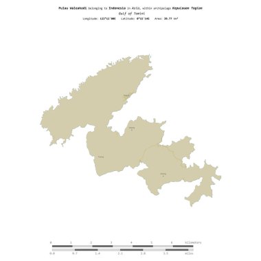 Tomini Körfezi 'ndeki Pulau Waleakodi, Endonezya' ya ait, bir topoğrafya haritasında izole edilmiş, uzaklık ölçeğinde, OSM İnsani stilde