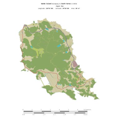 Japonya Denizi 'ndeki Wando Adası, Güney Kore' ye ait, uzaklık ölçeğinde OSM İnsani Yardım Stili haritasında izole edilmiş.