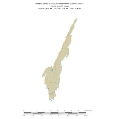 Amerika Birleşik Devletleri 'ne ait Kuzey Atlantik Okyanusu' ndaki Westport Adası, uzaklık ölçeğine sahip bir topoğrafik OSM İnsani Stil Haritası üzerinde izole edilmiştir.