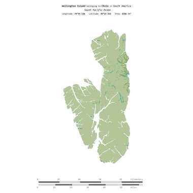 Wellington Island in the South Pacific Ocean, belonging to Chile, isolated on a topographic, OSM Humanitarian style map, with distance scale clipart