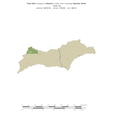 Endonezya 'ya ait Banda Denizi' ndeki Pulau Wetar, uzaklık ölçeğinde OSM İnsani Yardım Stili haritası üzerinde izole edilmiş.