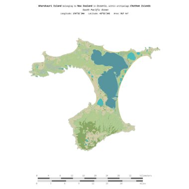 Güney Pasifik Okyanusu 'ndaki Wharekauri Adası, Yeni Zelanda' ya ait, bir topoğrafik üzerinde izole edilmiş, OSM İnsani Yardım Stili haritası, mesafe ölçeğinde