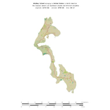 Güneydoğu Alaska ve Britanya Kolumbiyası 'nın Sahil Suları' ndaki Whidbey Adası, bir topoğrafi olan OSM İnsani Yardım Stili haritasında, uzaklık ölçeğinde izole edilmiştir.