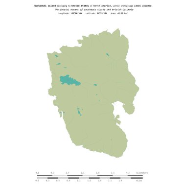 Amerika Birleşik Devletleri 'ne ait Güneydoğu Alaska ve Britanya Kolumbiyası' nın Kıyı Suları 'ndaki Woewodski Adası, uzaklık ölçeğine sahip bir topoğrafi, OSM İnsani Yardım tarzı haritada izole edilmiştir.
