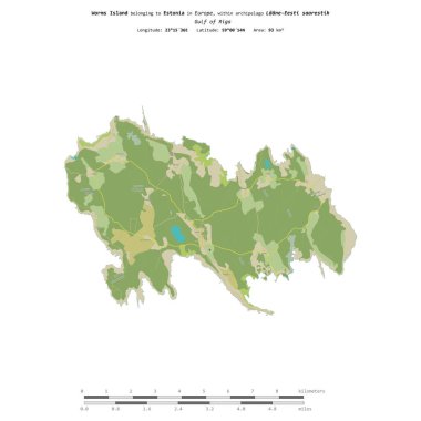 Riga Körfezi 'ndeki Worms Adası, Estonya' ya ait, bir topoğrafi, OSM İnsani-stil haritasında izole edilmiş, uzaklık ölçeğinde