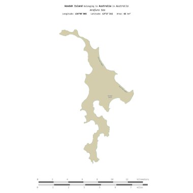 Avustralya 'ya ait Arafura Denizi' ndeki Woodah Adası, bir topoğrafik üzerinde izole edilmiş, OSM İnsani-stil haritası, uzaklık ölçeğinde