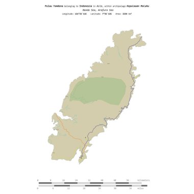 Pulau Yamdena in the Banda Sea, belonging to Indonesia, isolated on a topographic, OSM Humanitarian style map, with distance scale clipart