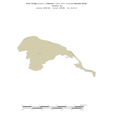 Halmahera Denizi 'ndeki Pulau Yoronga, Endonezya' ya ait, bir topoğrafya üzerinde izole edilmiş, OSM İnsani yardım tarzı haritası, mesafe ölçeğinde.