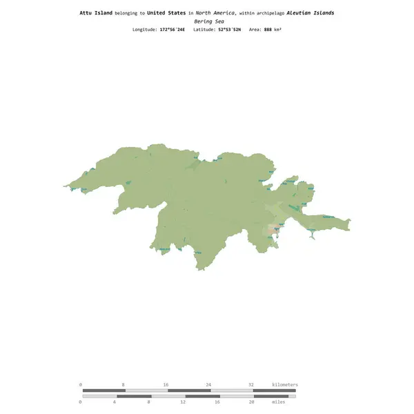 stock image Attu Island in the Bering Sea, belonging to United States, isolated on a topographic, OSM Humanitarian style map, with distance scale