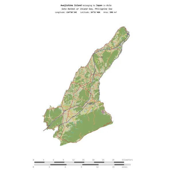 stock image Awajishima Island in the Philippine Sea, belonging to Japan, isolated on a topographic, OSM Humanitarian style map, with distance scale