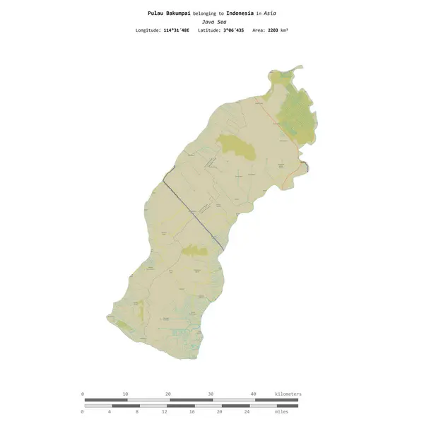 stock image Pulau Bakumpai in the Java Sea, belonging to Indonesia, isolated on a topographic, OSM Humanitarian style map, with distance scale